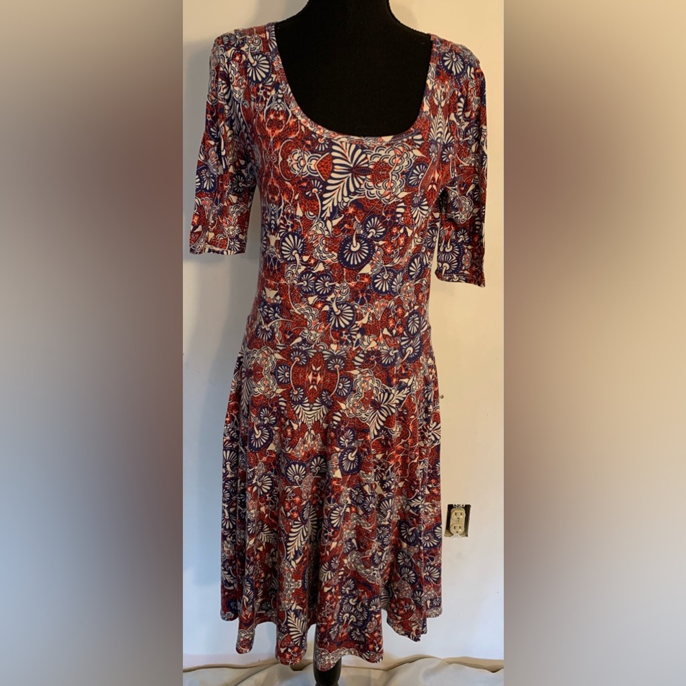 Lularoe Nicole Dress Red Blue White Geo Floral Vintage sz M